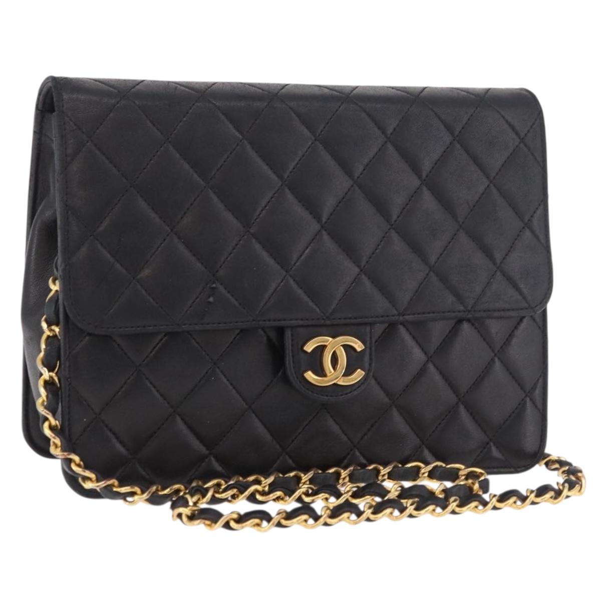 CHANEL Matelasse Chain Shoulder Bag Lamb Skin Black Gold CC Auth 188005