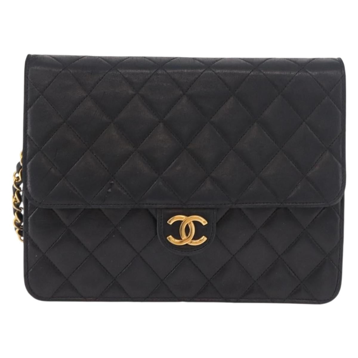 CHANEL Matelasse Chain Shoulder Bag Lamb Skin Black Gold CC Auth 188005