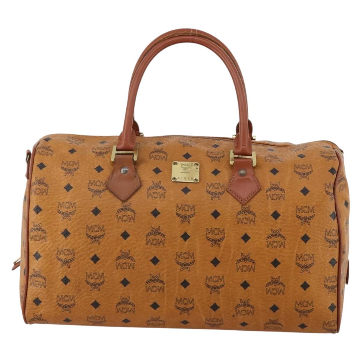 MCM Vicetos Boston Bag Leather Brown Gold Auth 188009