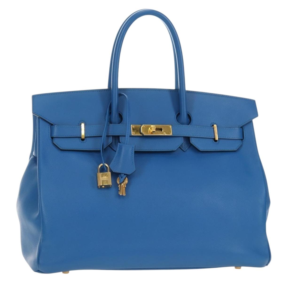 HERMES Birkin 35 Hand Bag Leather Blue Gold Auth 188015SM