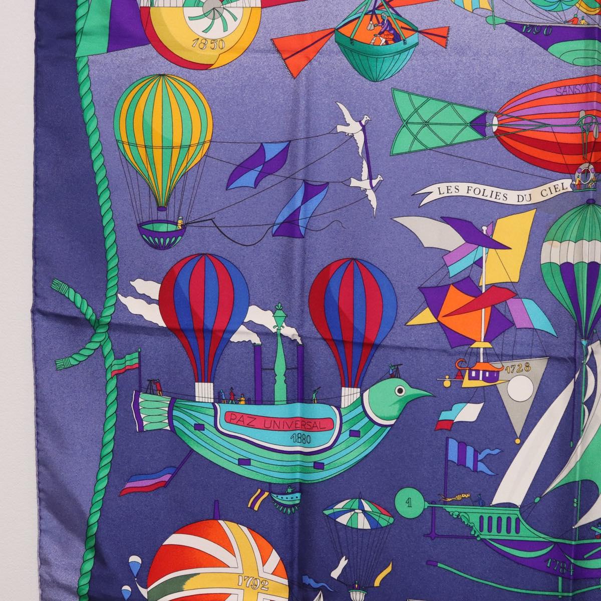 HERMES Carre90 Scarf Silk "LES FOLIES DU CIEL" Blue Auth 188021