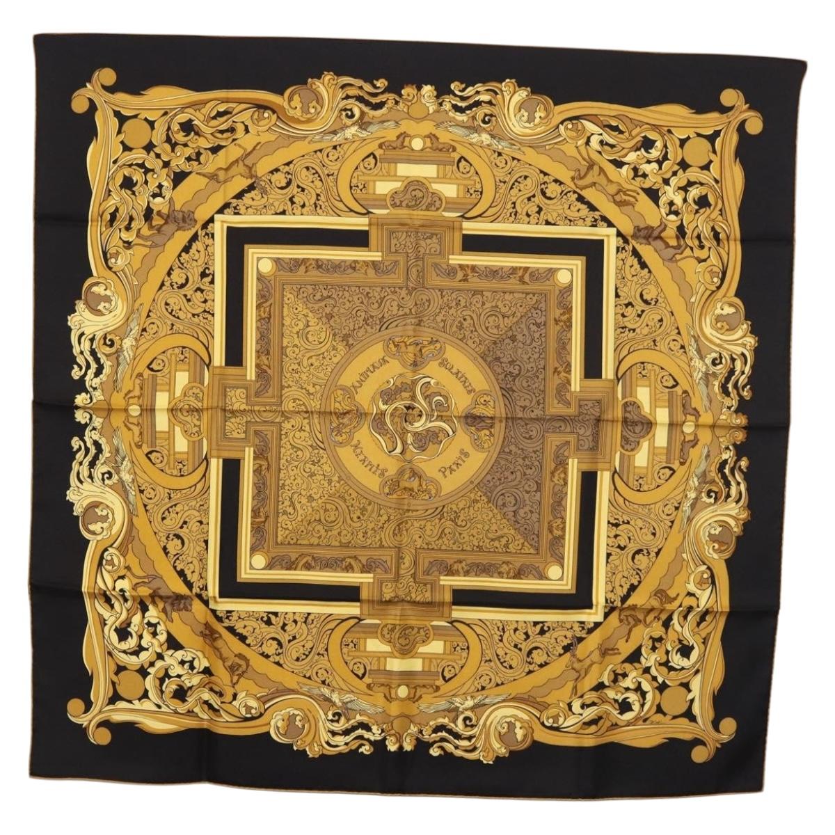 HERMES Carre90 Scarf Silk "ANIMAUX SOLAIRES" Black Auth 188023M