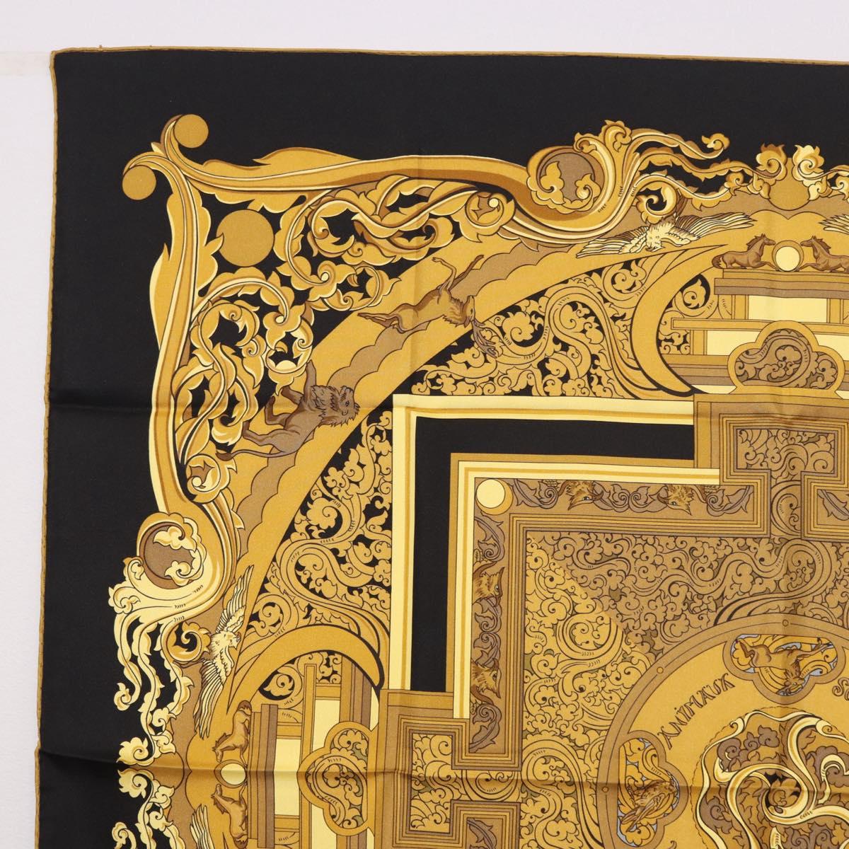 HERMES Carre90 Scarf Silk "ANIMAUX SOLAIRES" Black Auth 188023M