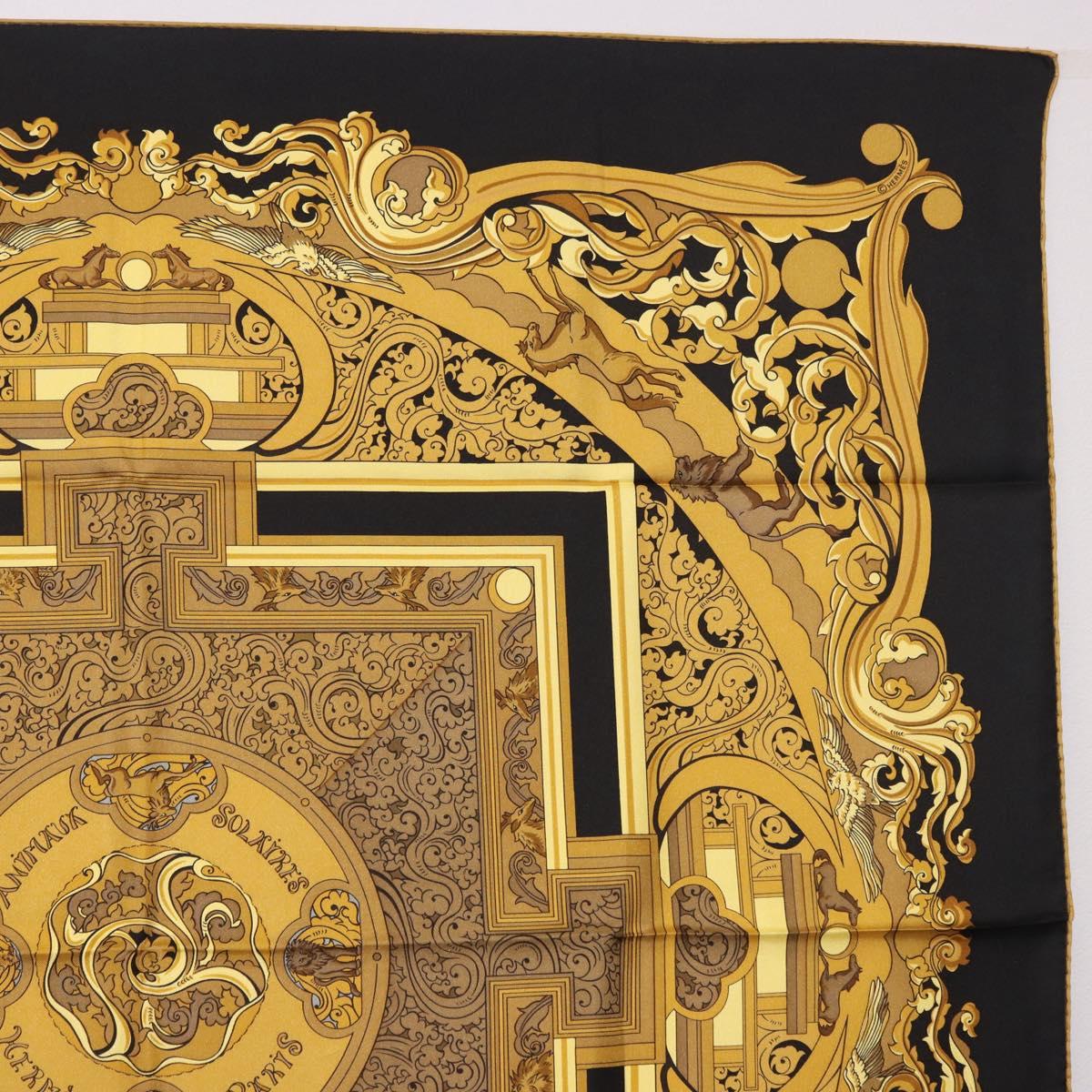 HERMES Carre90 Scarf Silk "ANIMAUX SOLAIRES" Black Auth 188023M