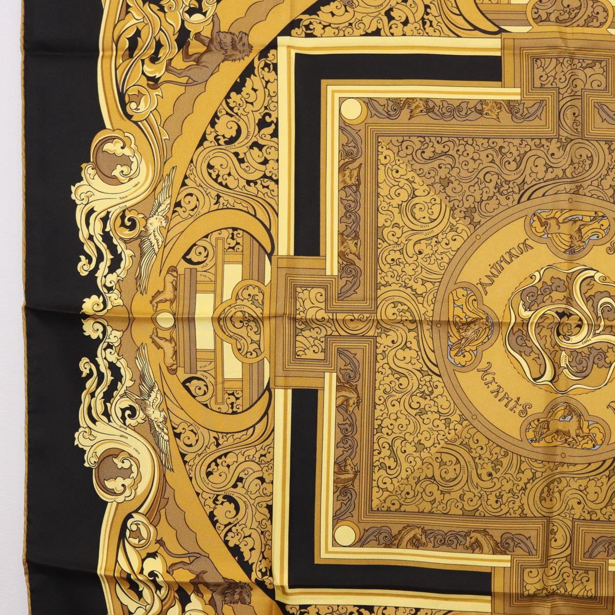 HERMES Carre90 Scarf Silk "ANIMAUX SOLAIRES" Black Auth 188023M