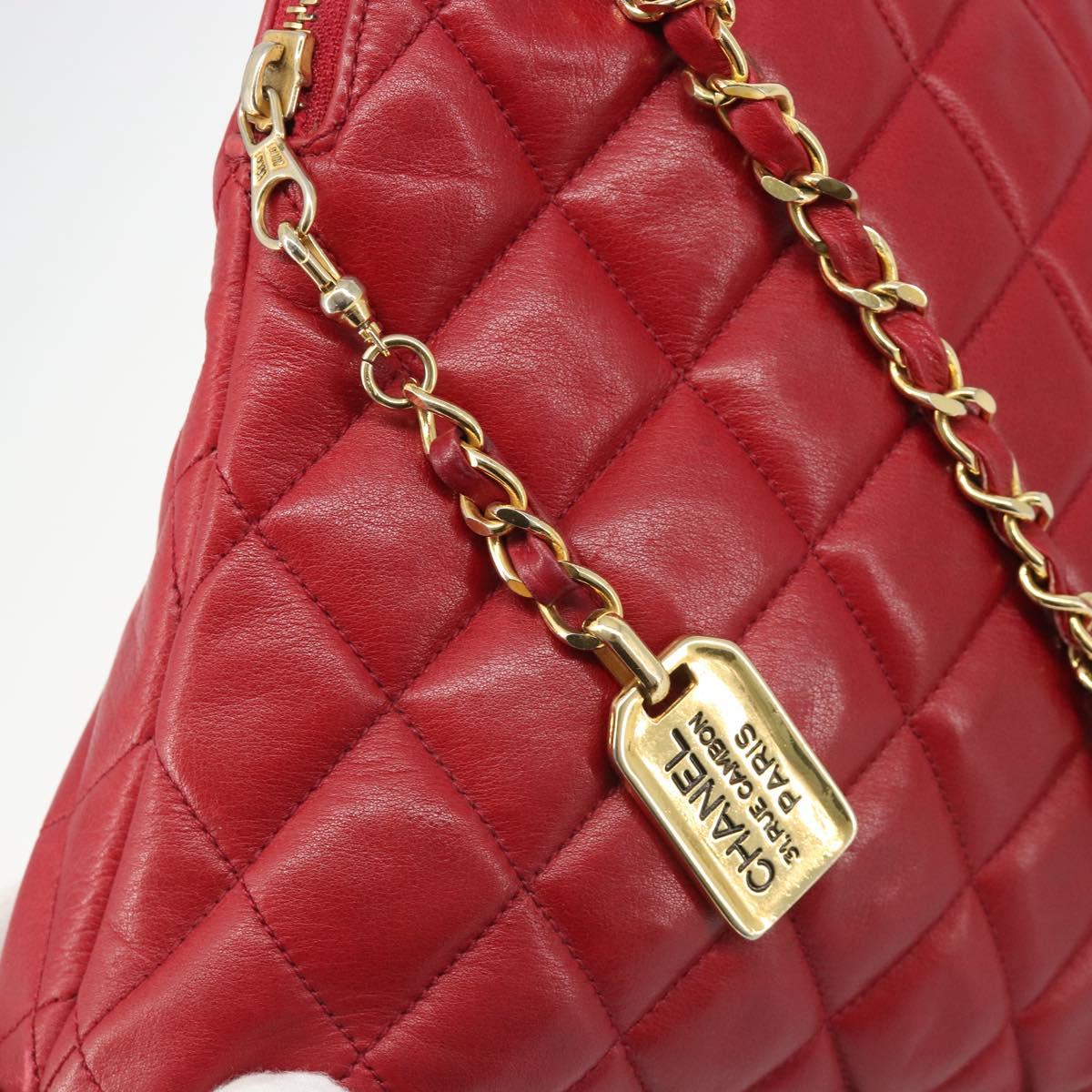 CHANEL Chain Matelasse Shoulder Bag Lamb Skin Red CC Auth 188061