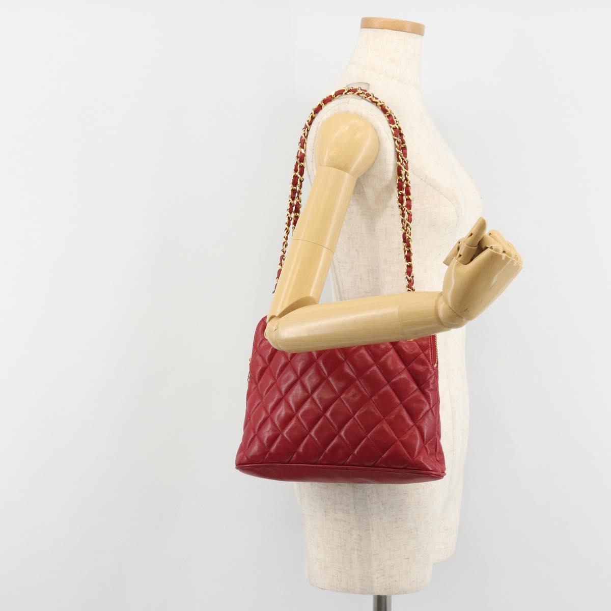 CHANEL Chain Matelasse Shoulder Bag Lamb Skin Red CC Auth 188061