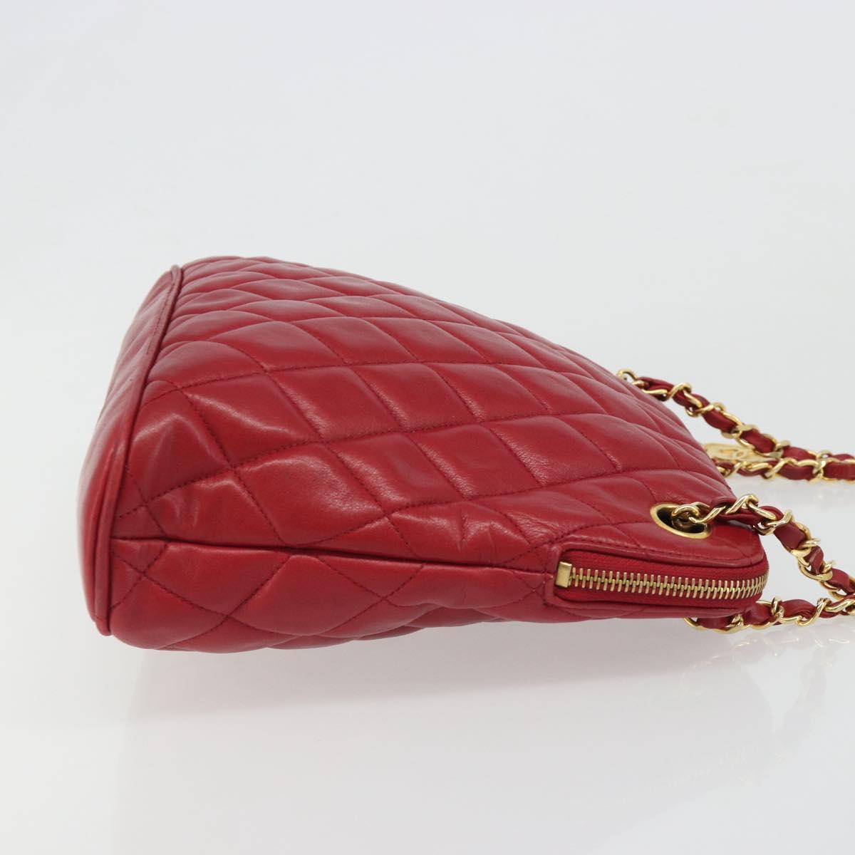 CHANEL Chain Matelasse Shoulder Bag Lamb Skin Red CC Auth 188061