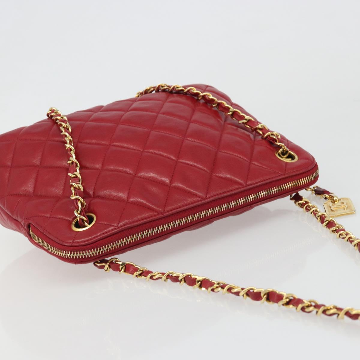 CHANEL Chain Matelasse Shoulder Bag Lamb Skin Red CC Auth 188061