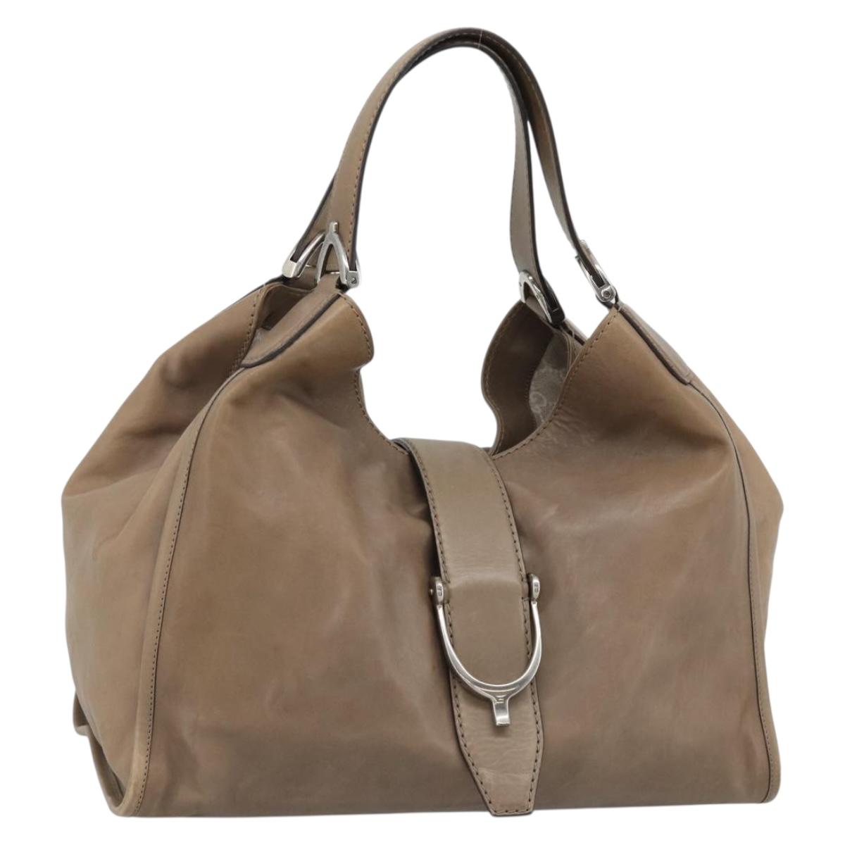 GUCCI Horsebit Hand Bag Leather Beige Auth 188082A