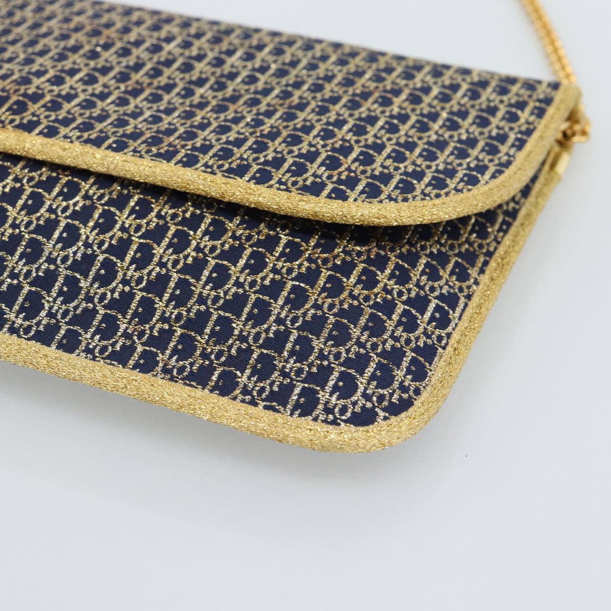 Christian Dior Trotter Canvas Chain Shoulder Bag Navy Gold Auth 188088A