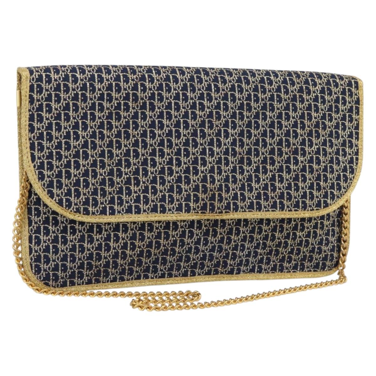 Christian Dior Trotter Canvas Chain Shoulder Bag Navy Gold Auth 188088A