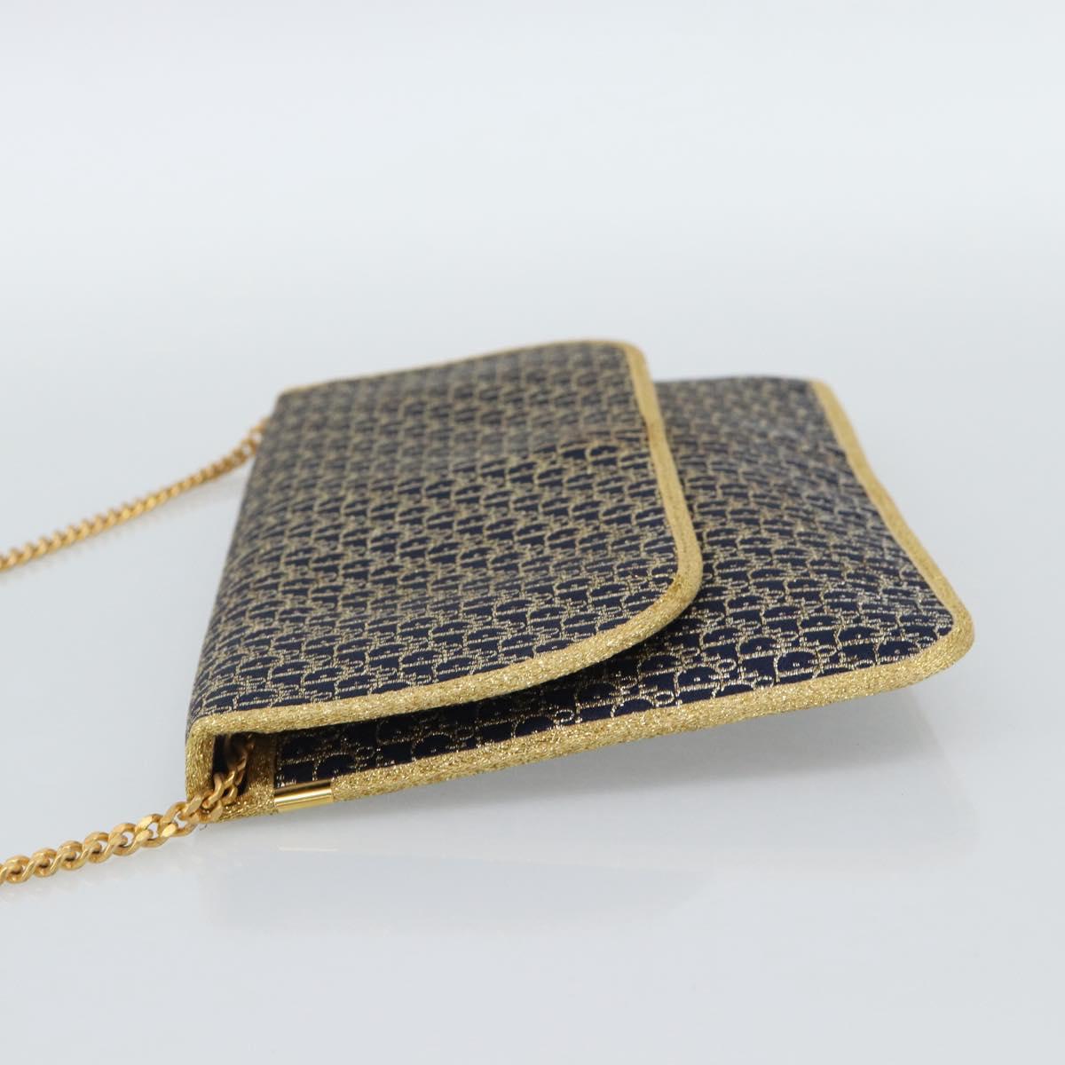 Christian Dior Trotter Canvas Chain Shoulder Bag Navy Gold Auth 188088A