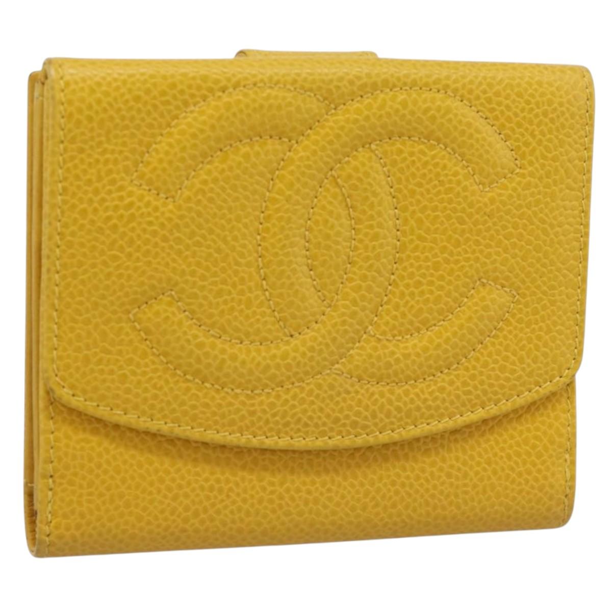CHANEL COCO Mark Bifold Wallet Caviar Skin Yellow CC Auth 188105M