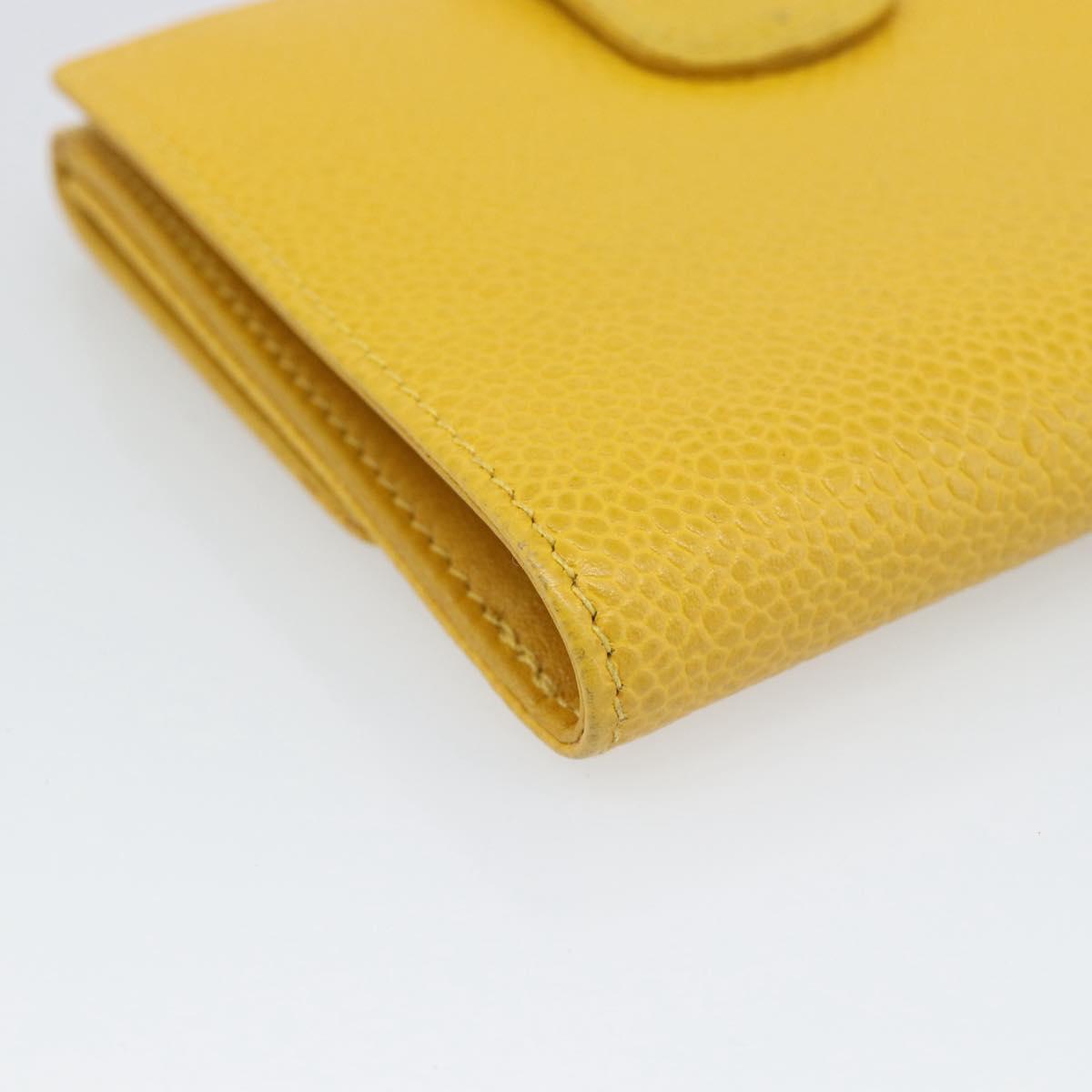 CHANEL COCO Mark Bifold Wallet Caviar Skin Yellow CC Auth 188105M