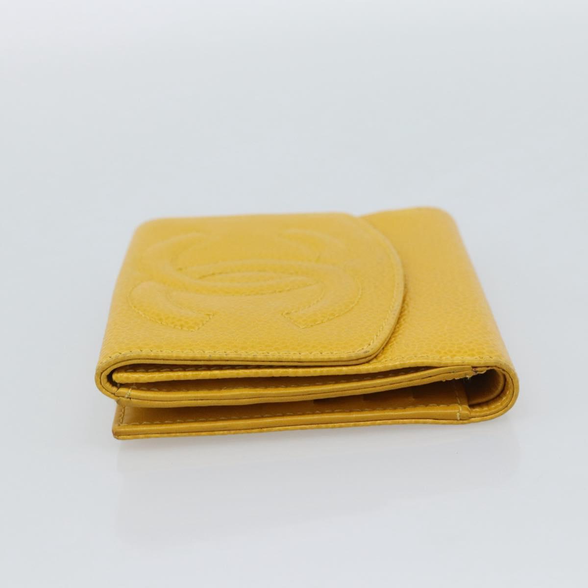 CHANEL COCO Mark Bifold Wallet Caviar Skin Yellow CC Auth 188105M