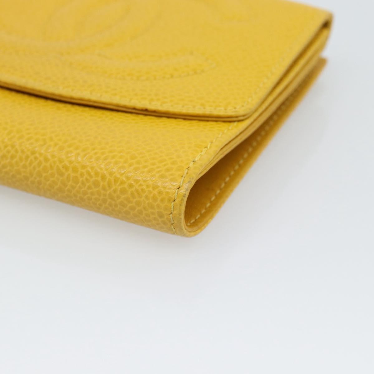 CHANEL COCO Mark Bifold Wallet Caviar Skin Yellow CC Auth 188105M