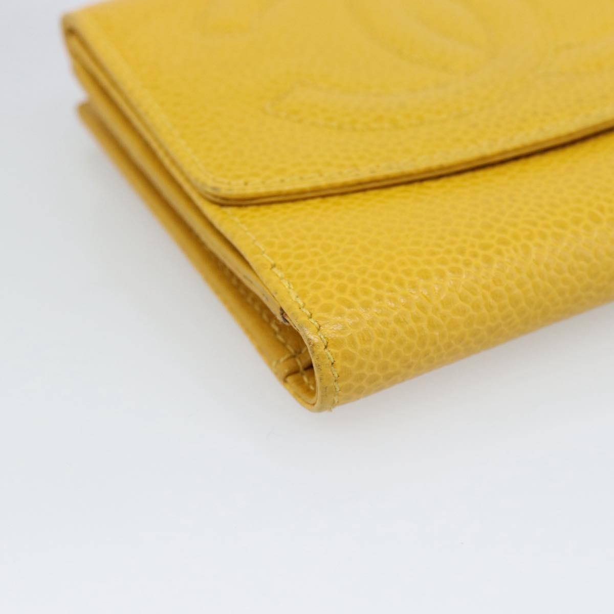 CHANEL COCO Mark Bifold Wallet Caviar Skin Yellow CC Auth 188105M