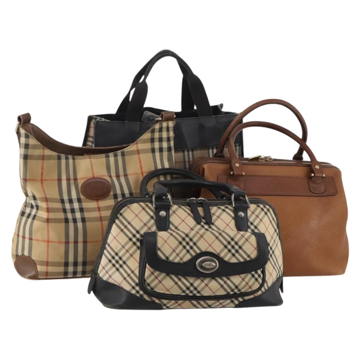 Burberrys Nova Check Hand Bag Leather Canvas 4 Set Brown Beige Auth 188108