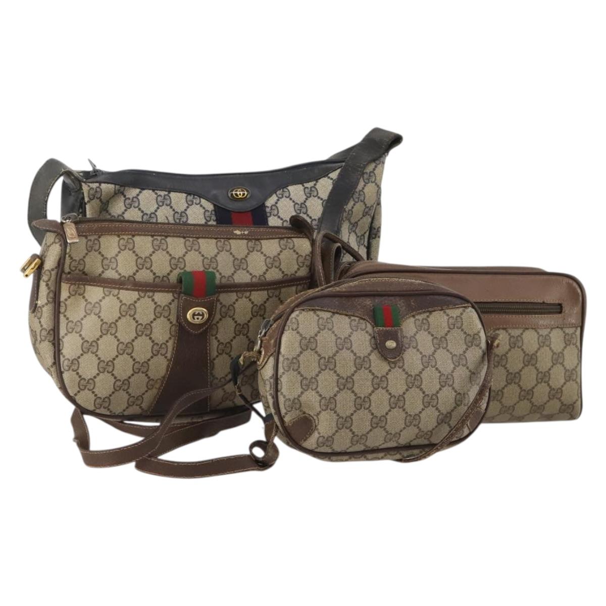 GUCCI GG Supreme Shoulder Bag PVC 4 Set Navy Beige Auth 188116