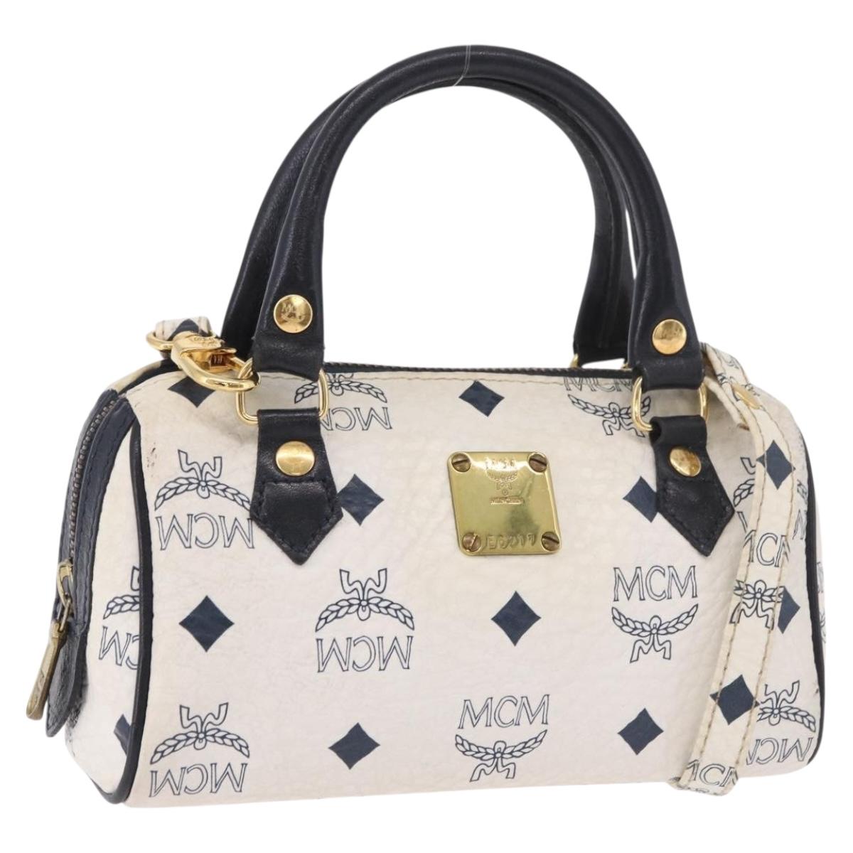 MCM Vicetos Logogram Hand Bag PVC Leather 2way White Gold Auth 188210