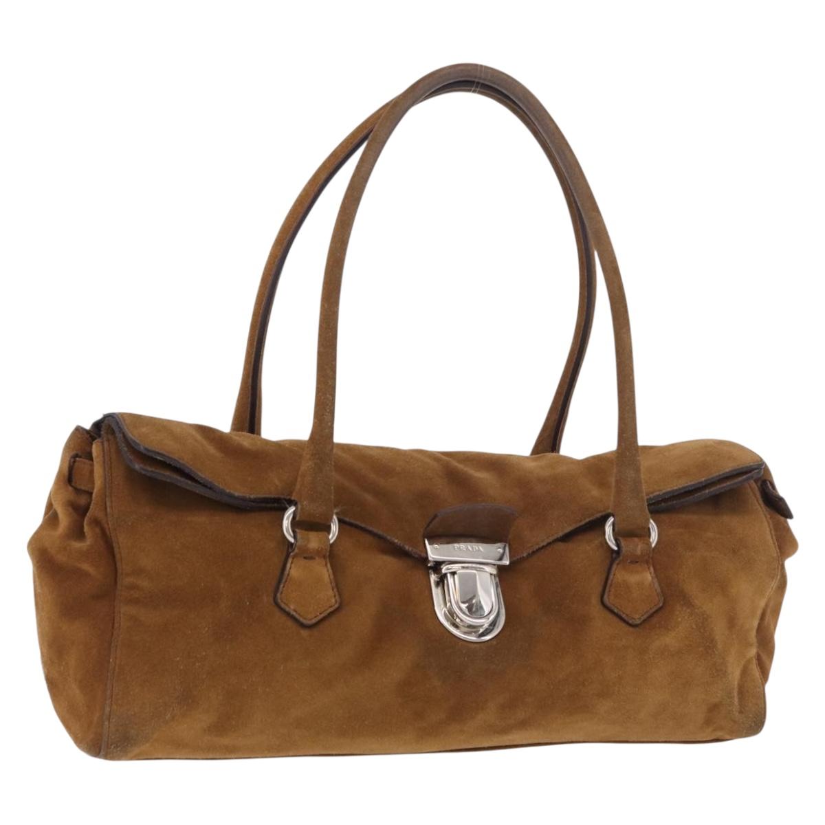 PRADA Hand Bag Suede Brown Silver Auth 188213SAV