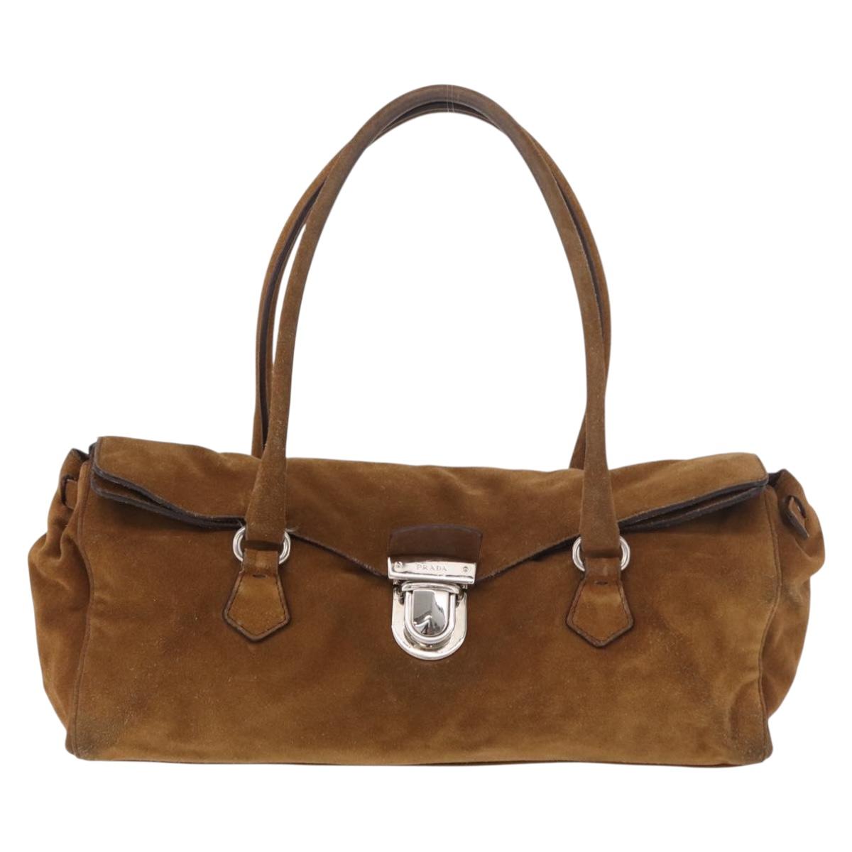 PRADA Hand Bag Suede Brown Silver Auth 188213SAV