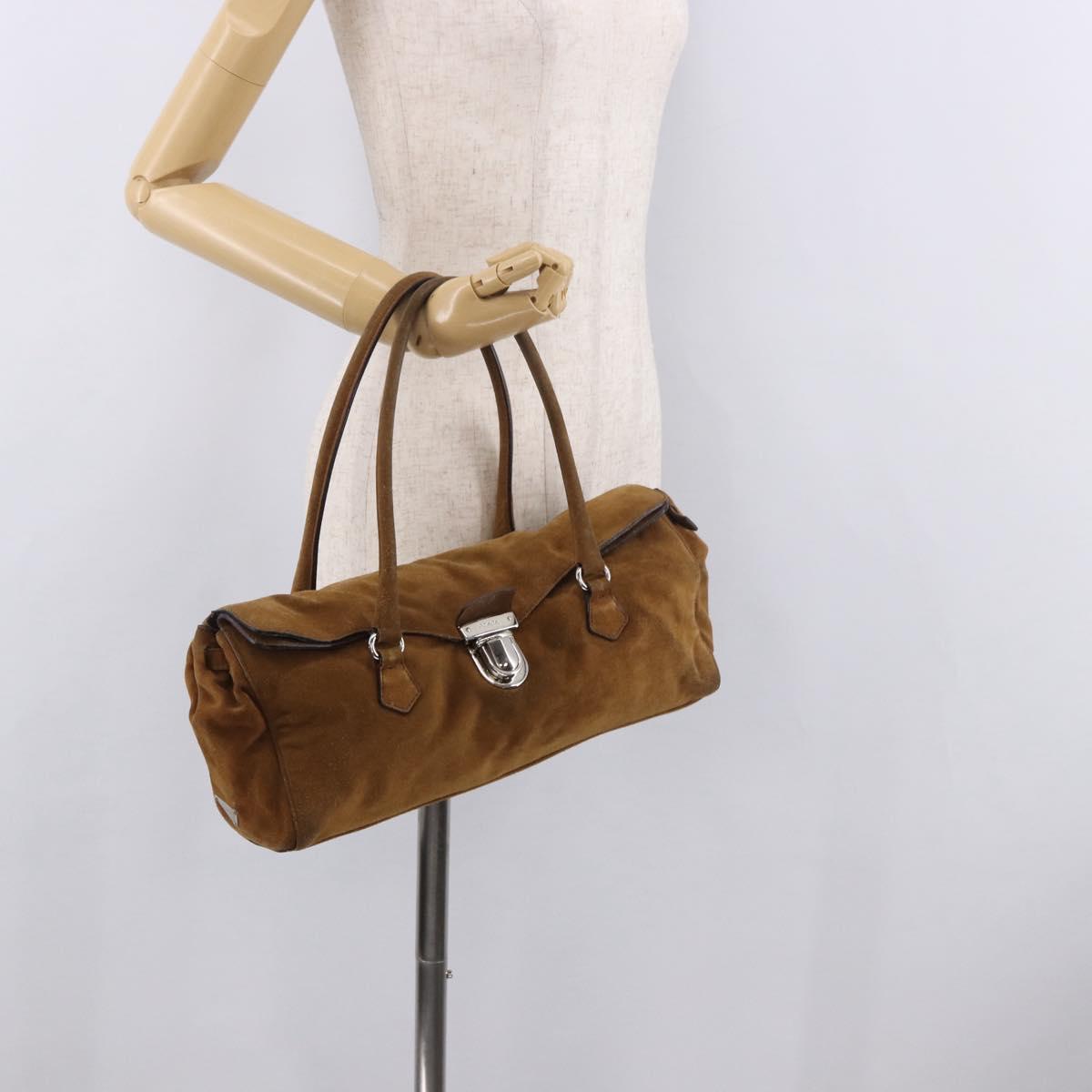PRADA Hand Bag Suede Brown Silver Auth 188213SAV