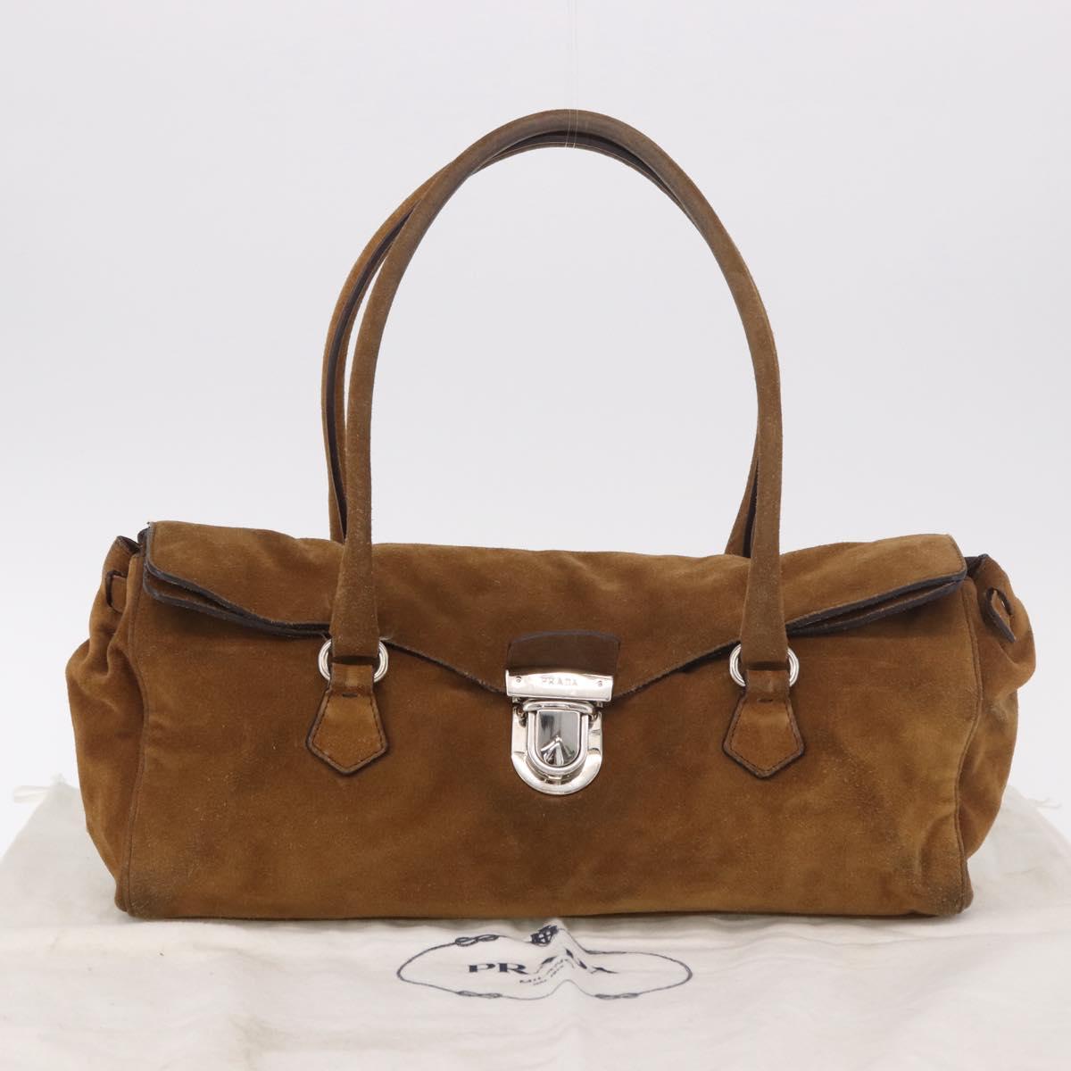PRADA Hand Bag Suede Brown Silver Auth 188213SAV