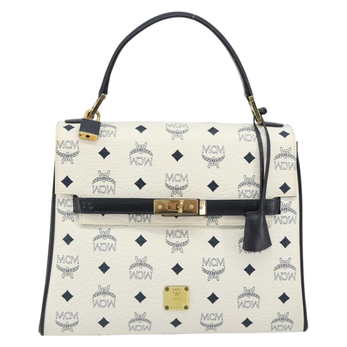 MCM Vicetos Logogram Hand Bag PVC Leather White Gold Auth 188231