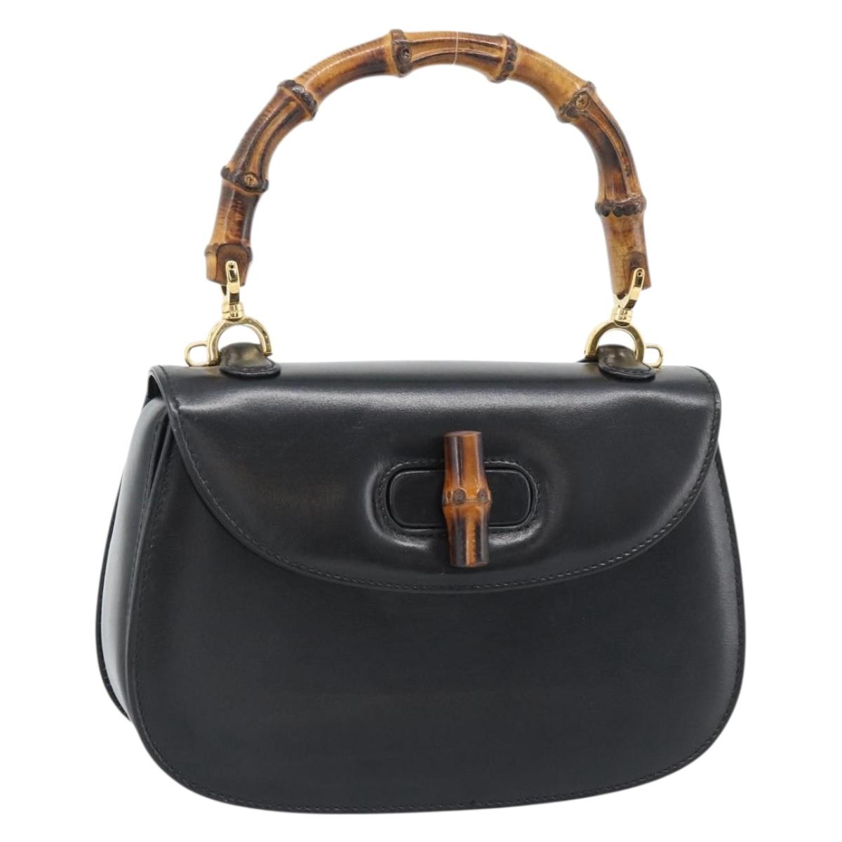 GUCCI Bamboo Hand Bag Leather 2way Black Gold 000 2046 0188 Auth 188235V