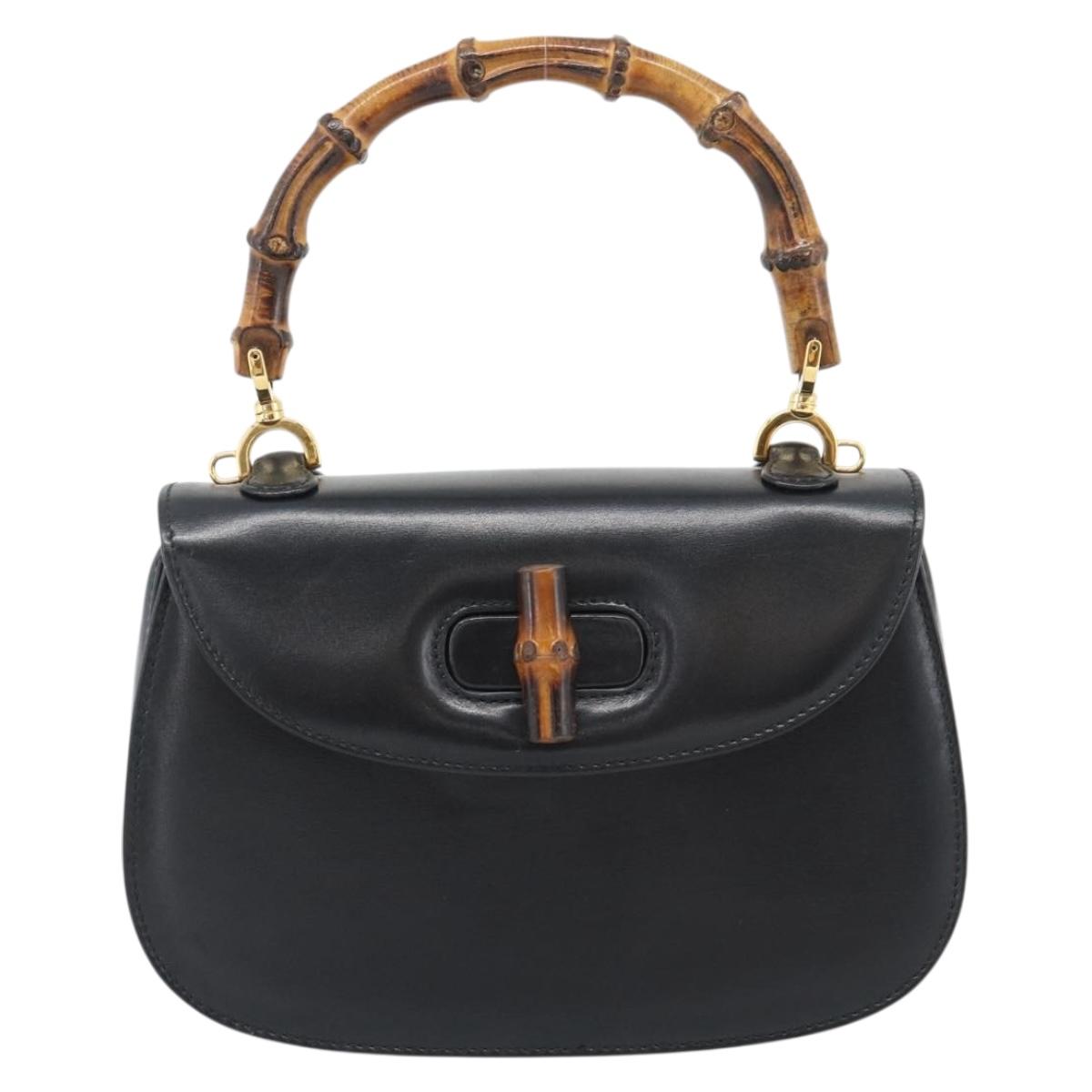 GUCCI Bamboo Hand Bag Leather 2way Black Gold 000 2046 0188 Auth 188235V