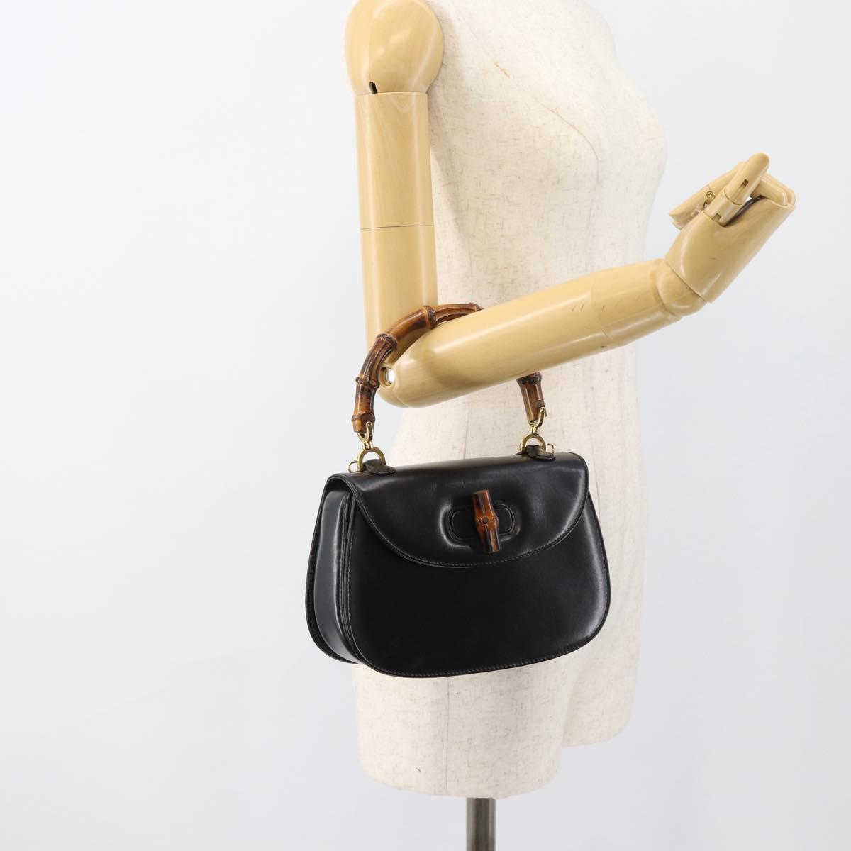 GUCCI Bamboo Hand Bag Leather 2way Black Gold 000 2046 0188 Auth 188235V