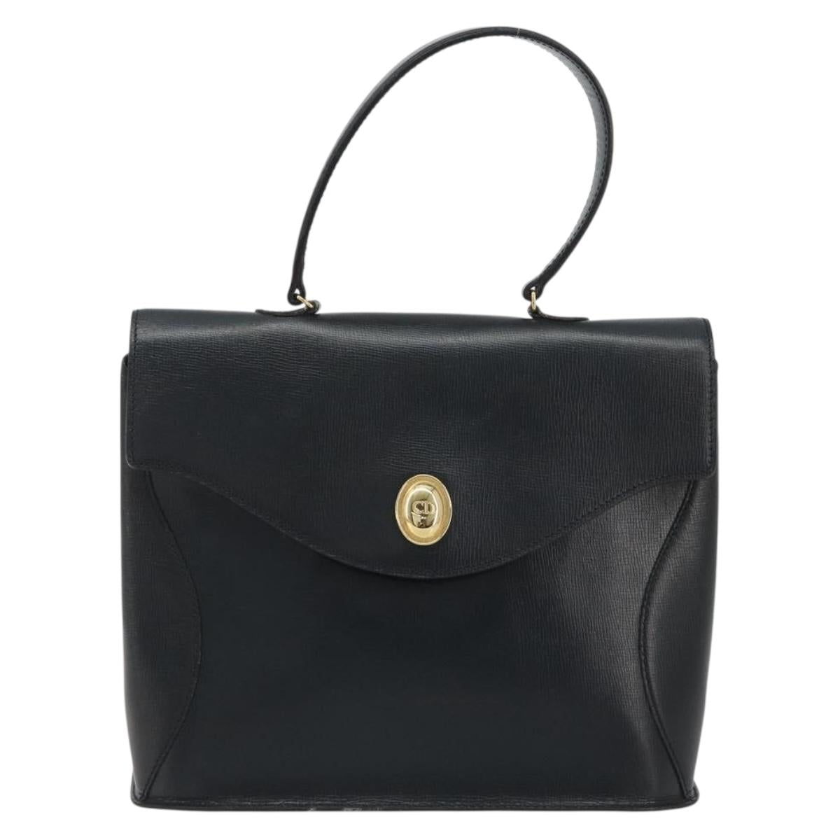 Christian Dior Hand Bag Leather Navy Gold Auth 188236A
