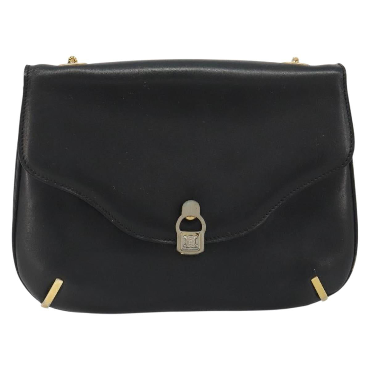 CELINE Chain Shoulder Bag Leather Black Gold Auth 188237