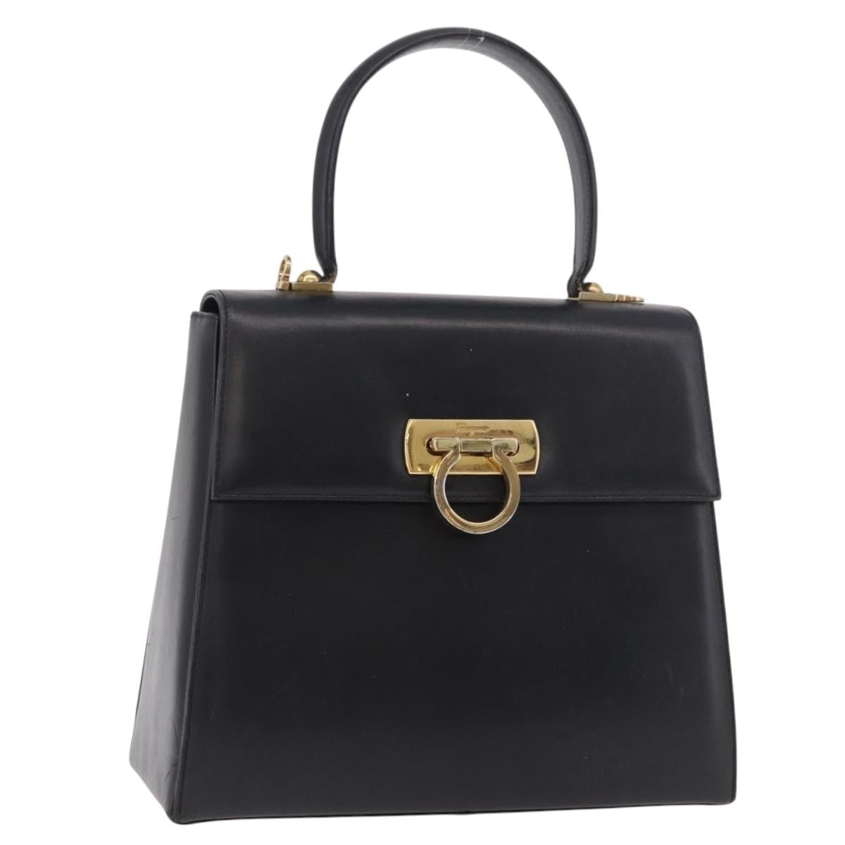 Salvatore Ferragamo Gancini Hand Bag Leather Black Gold Auth 188245