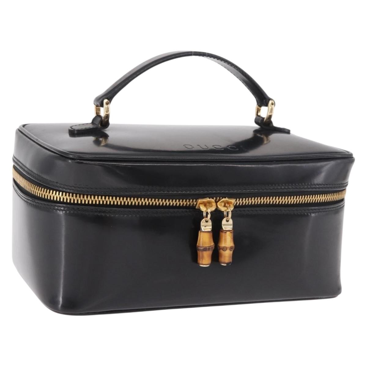 GUCCI Vanity Hand Bag Patent Leather Black Gold 032 1956 0150 Auth 188246