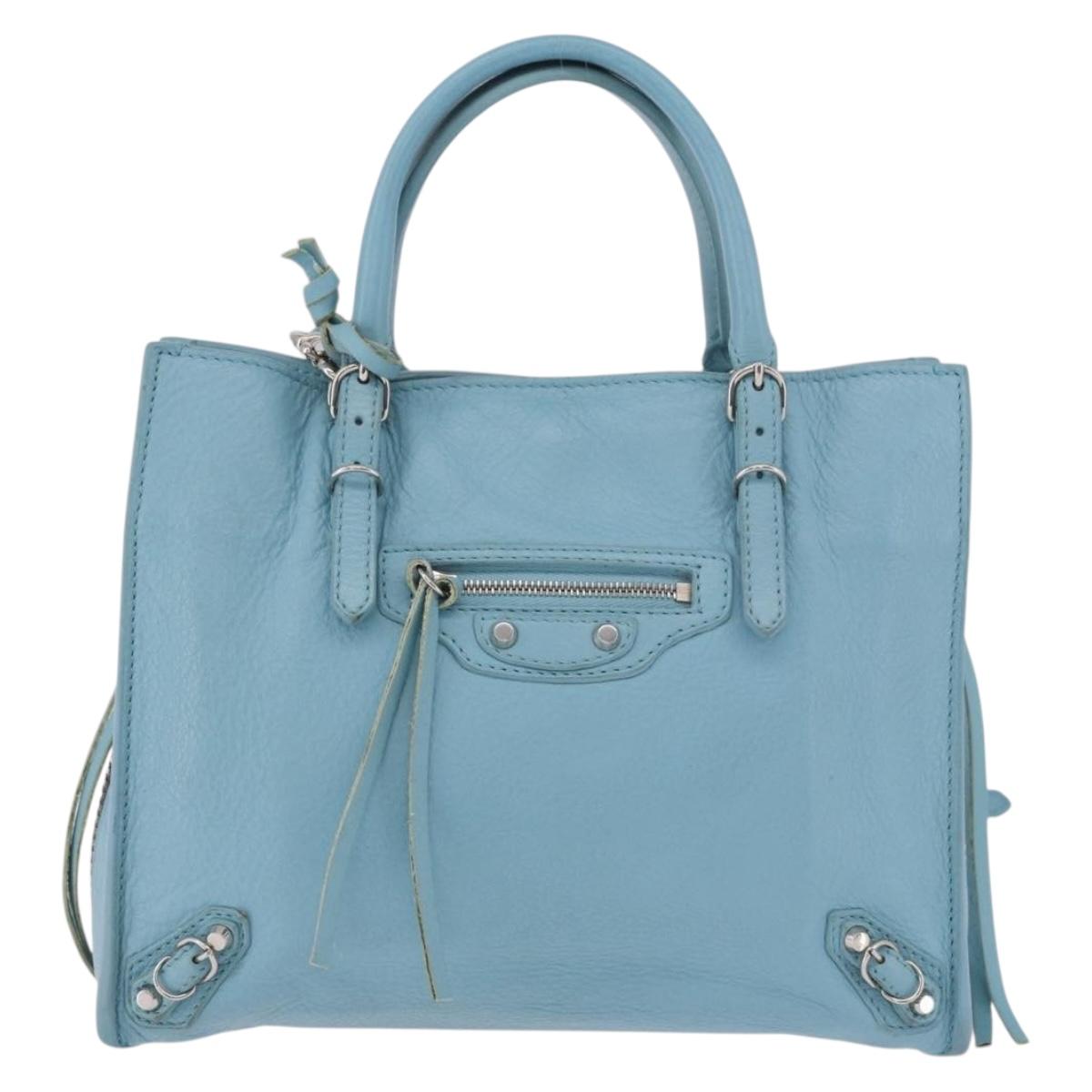 BALENCIAGA Paper Mini Bag Leather 2way Light Blue Silver 357333 Auth 188250A