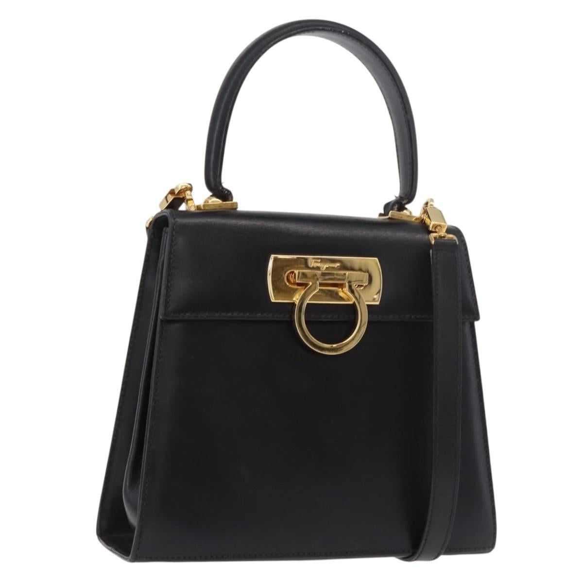 Salvatore Ferragamo Hand Bag Leather 2way Black Gold Auth 188257