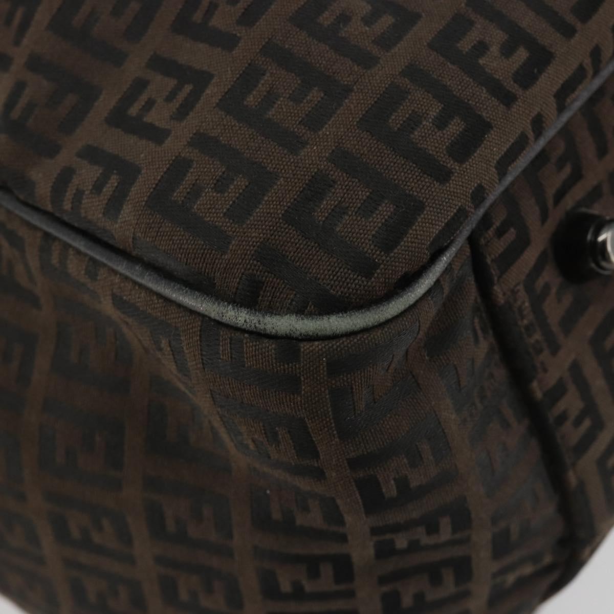 FENDI Zucchino Canvas Boston Bag Dark Brown Silver Auth 188276