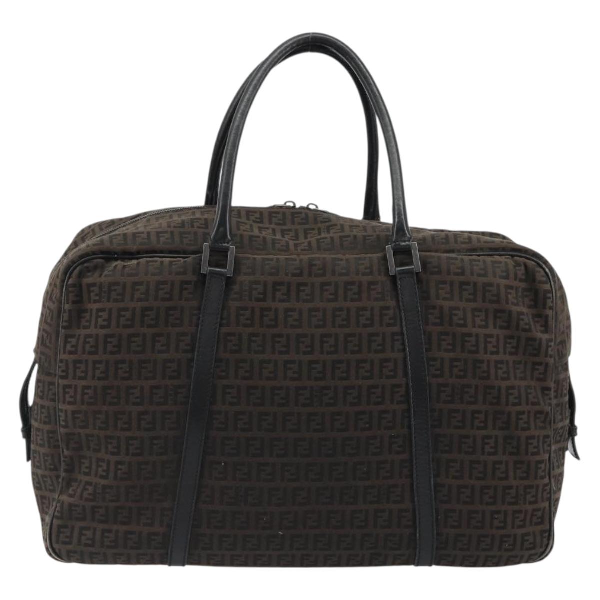 FENDI Zucchino Canvas Boston Bag Dark Brown Silver Auth 188276