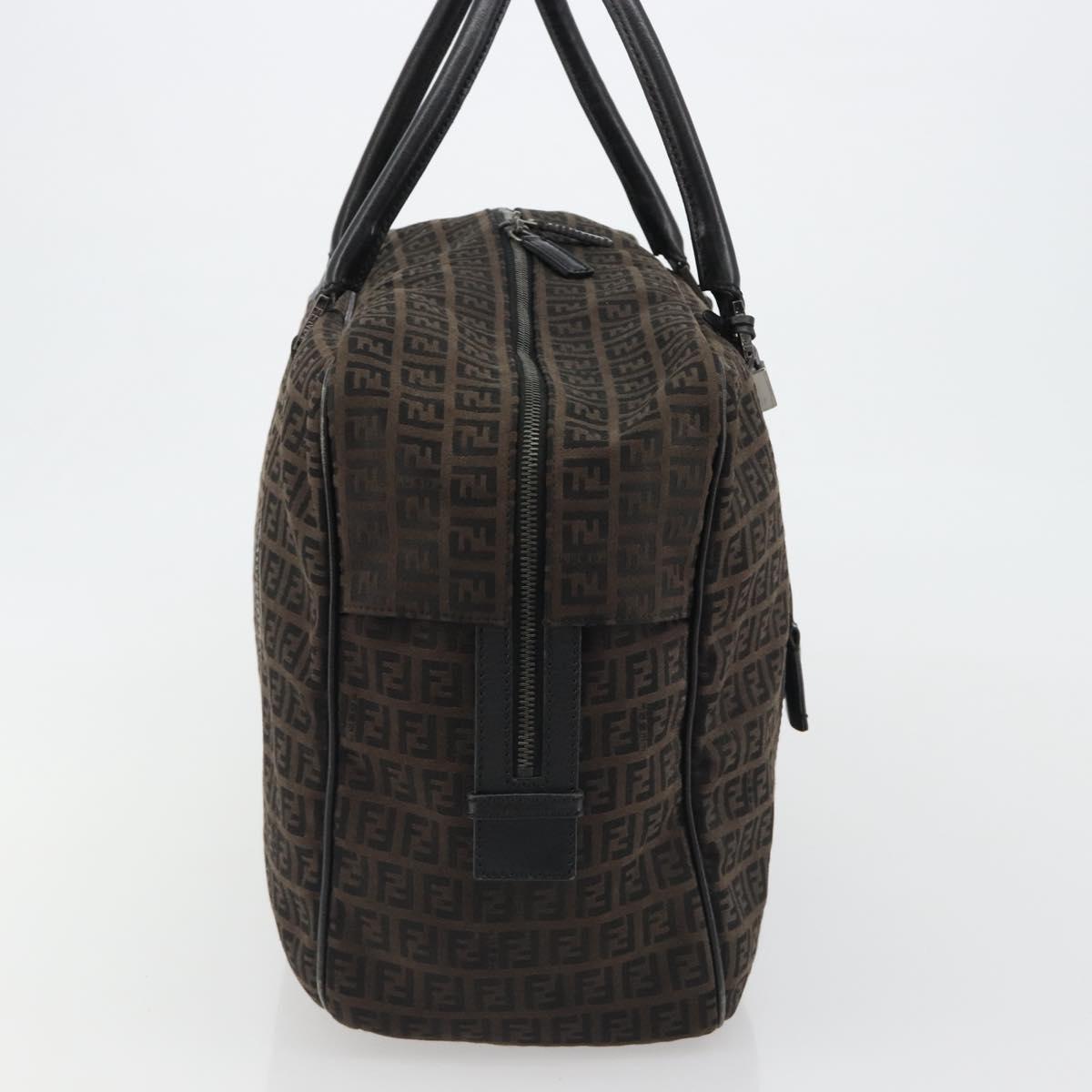 FENDI Zucchino Canvas Boston Bag Dark Brown Silver Auth 188276
