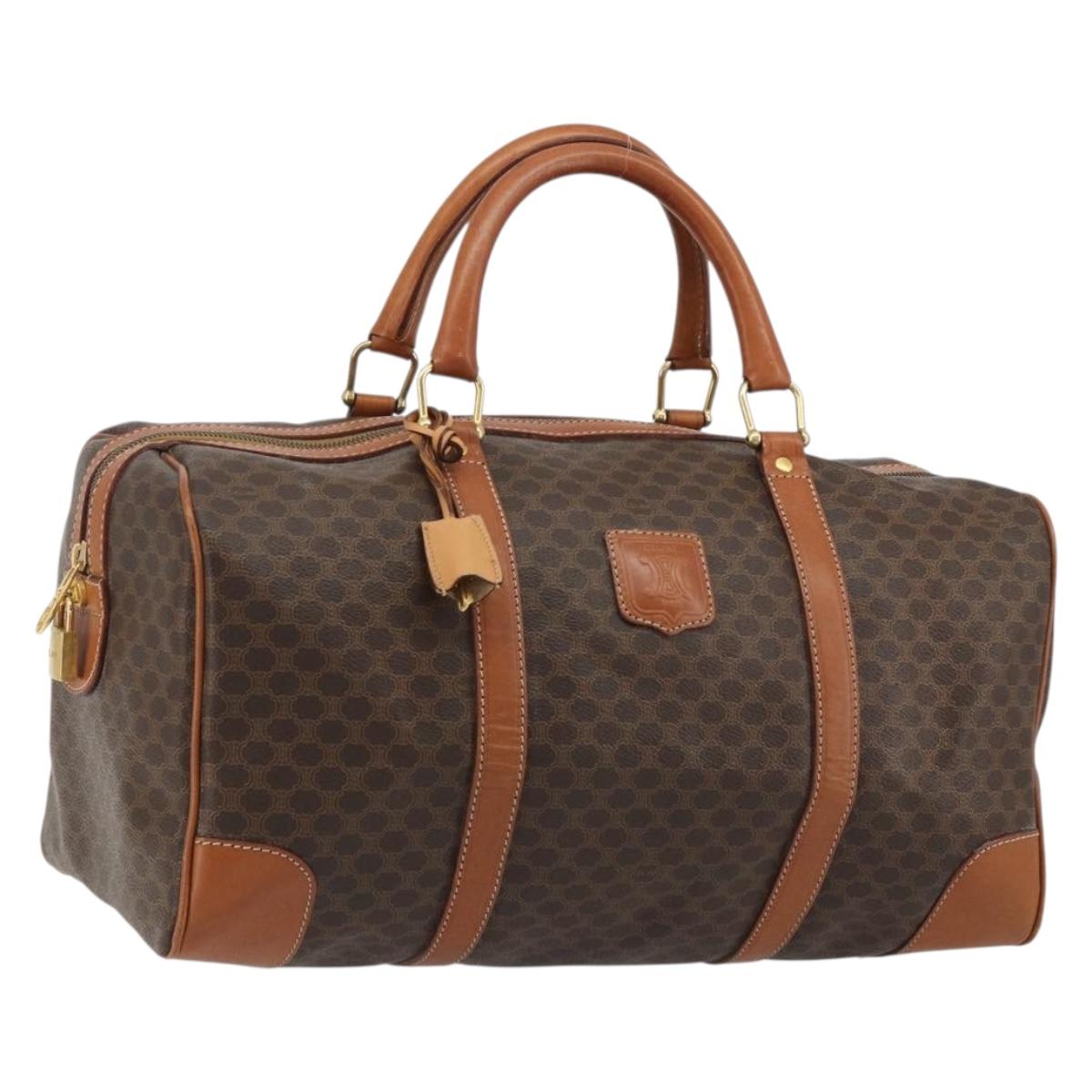 CELINE Macadam Canvas Boston Bag PVC Leather Brown Gold Auth 188283A