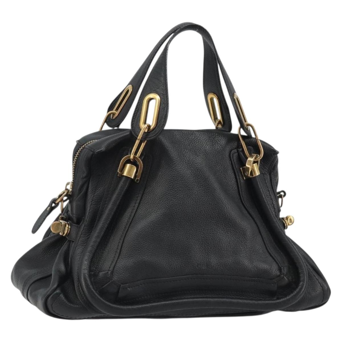Chloe Paraty Hand Bag Leather Black Gold Auth 188295