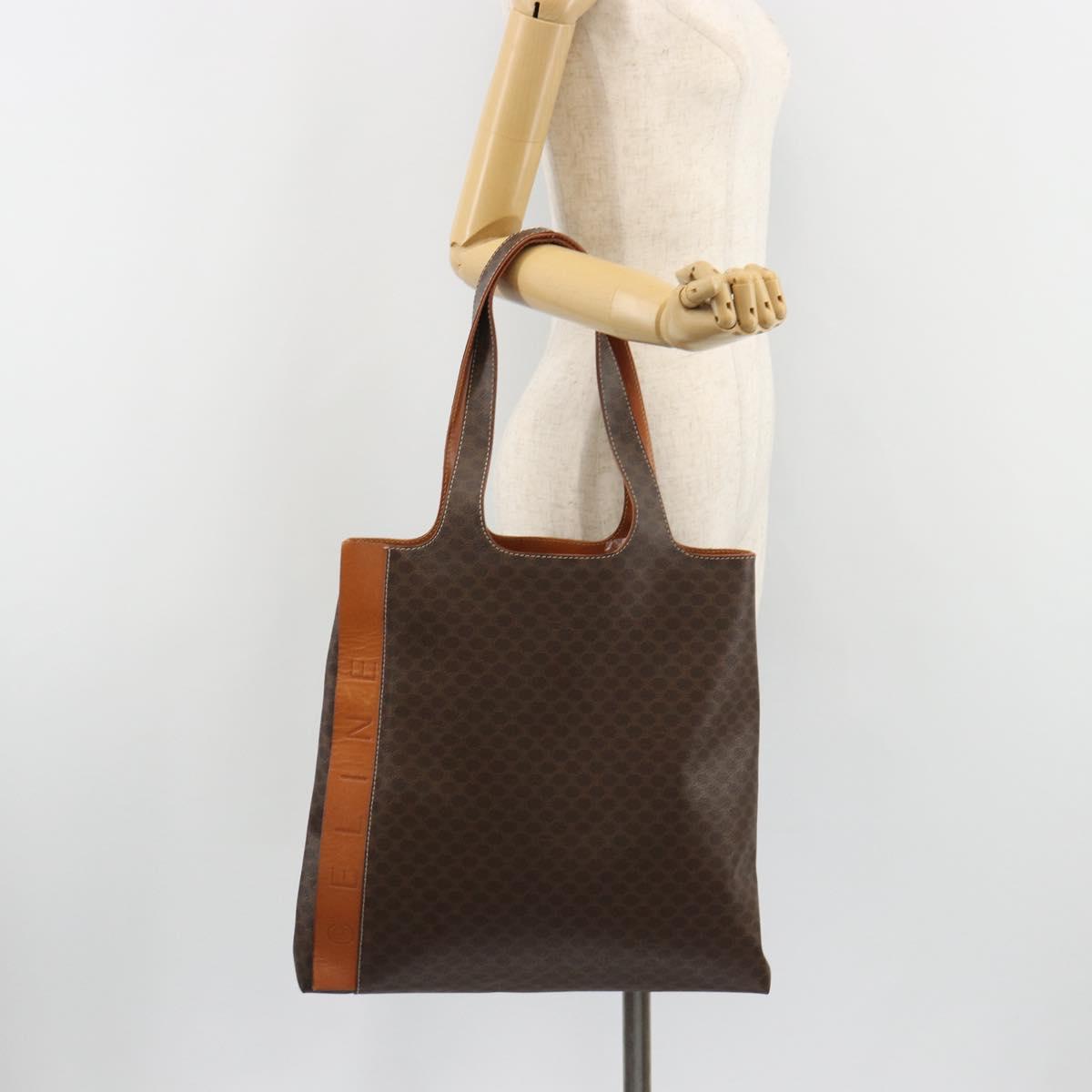 CELINE Macadam Canvas Tote Bag PVC Leather Brown Gold Auth 188302A