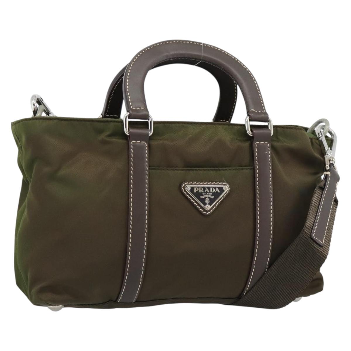 PRADA Hand Bag Nylon 2way Khaki Silver Auth 188309