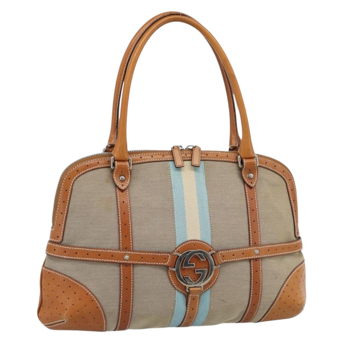 GUCCI Sherry Line Hand Bag Canvas Beige Silver 114887 Auth 188315