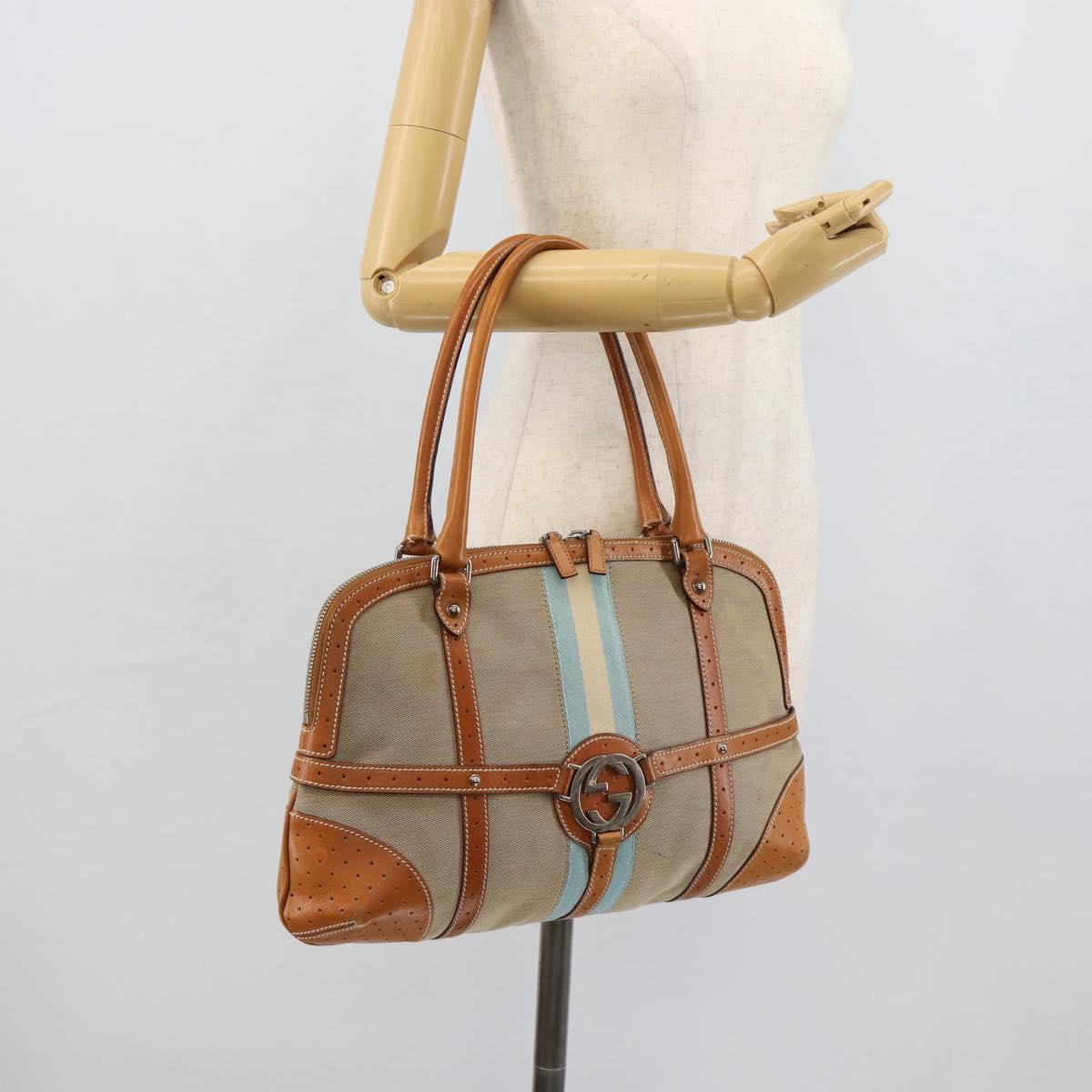 GUCCI Sherry Line Hand Bag Canvas Beige Silver 114887 Auth 188315