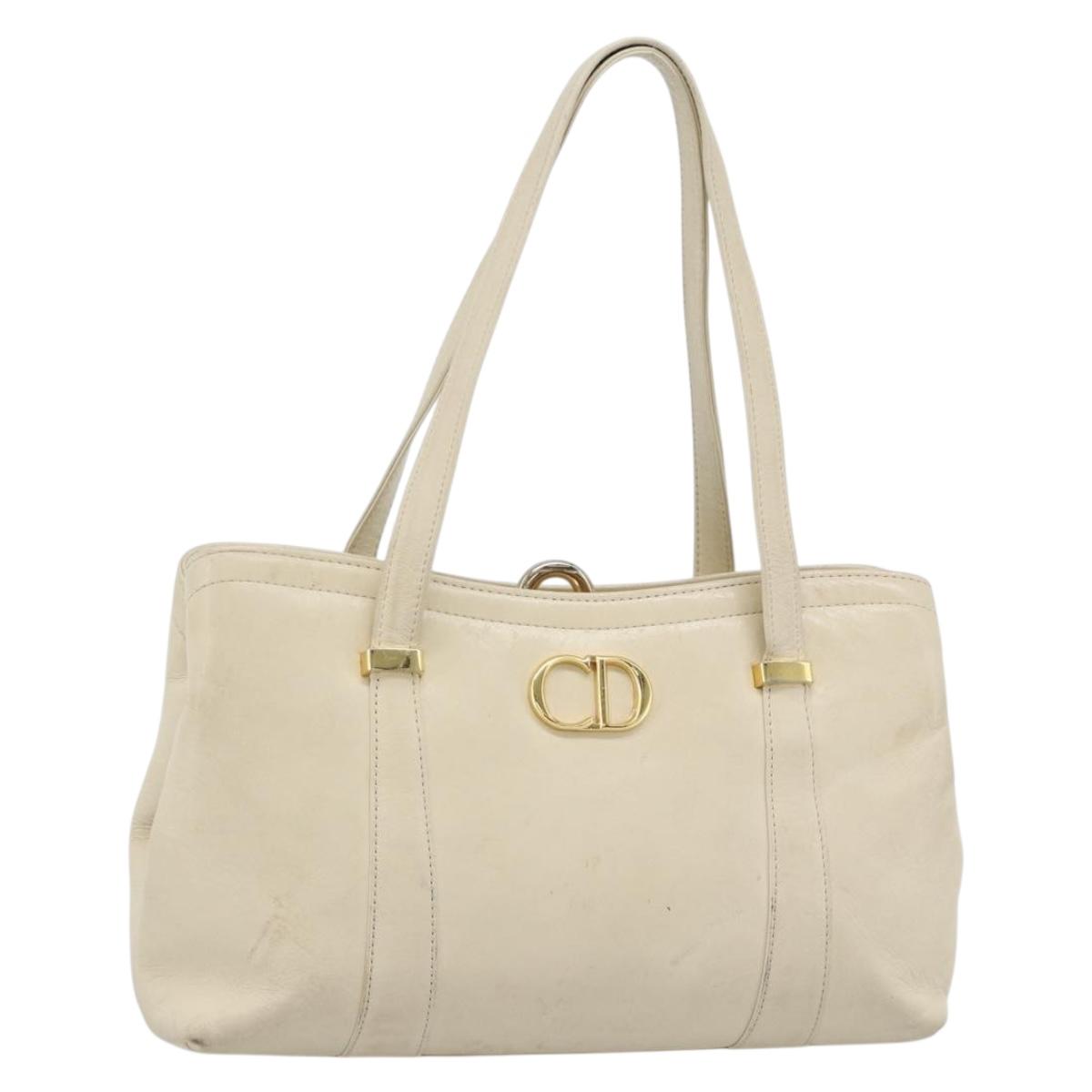 Christian Dior Hand Bag Leather Beige Gold Auth 188329