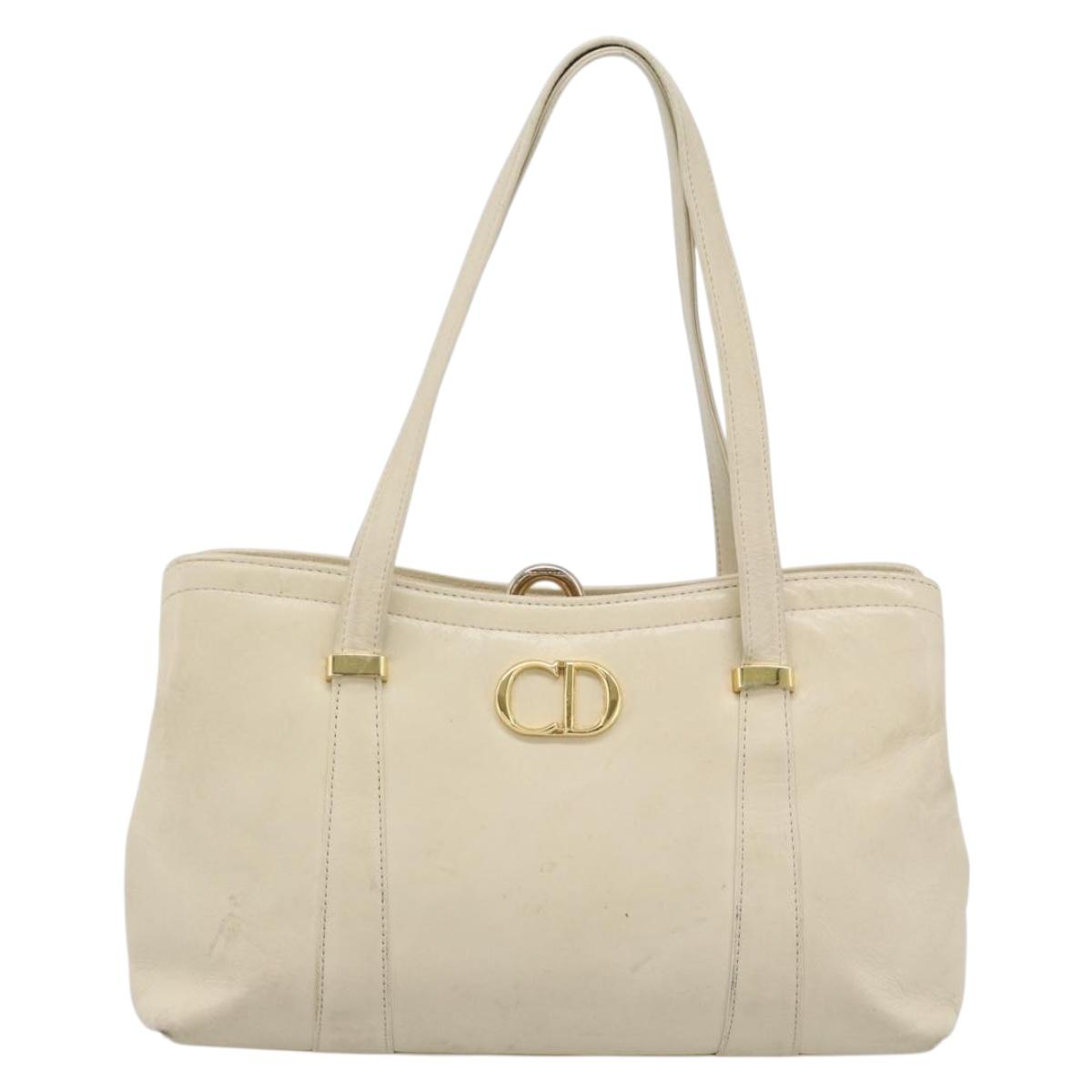 Christian Dior Hand Bag Leather Beige Gold Auth 188329